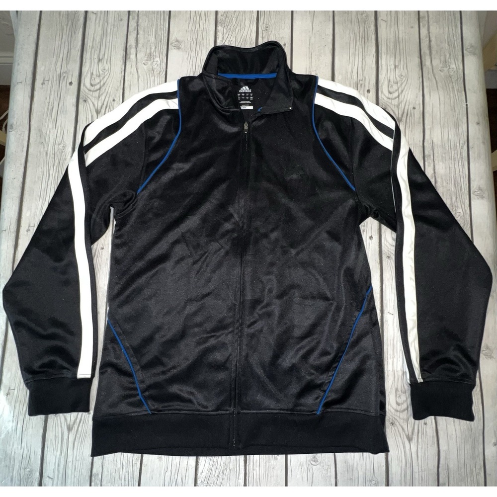 Adidas, black with 3 stripes, logo, full zip  long sleeve, unisex jacket. MEDIUM